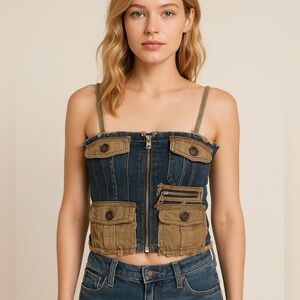 Denim and Khaki Zip-Up Corset Top